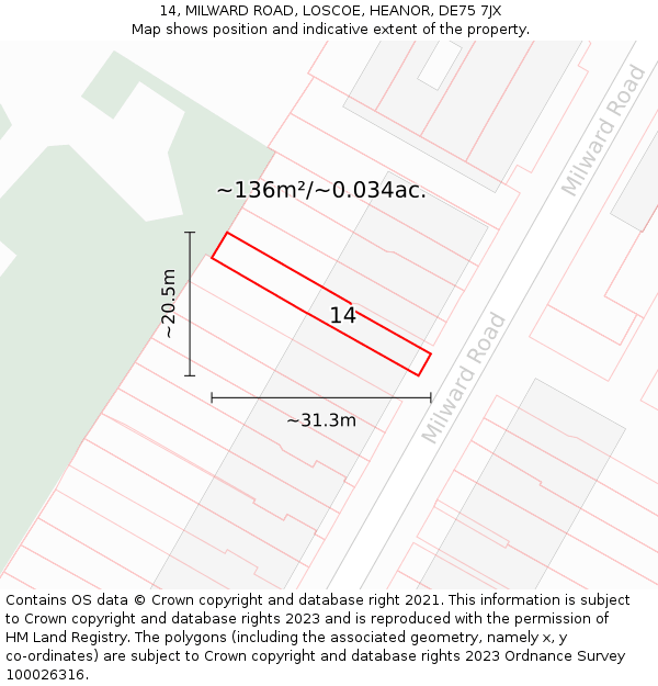 14, MILWARD ROAD, LOSCOE, HEANOR, DE75 7JX: Plot and title map