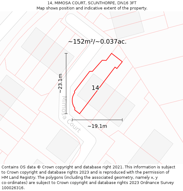 14, MIMOSA COURT, SCUNTHORPE, DN16 3FT: Plot and title map