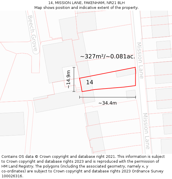 14, MISSION LANE, FAKENHAM, NR21 8LH: Plot and title map