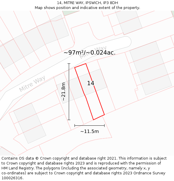 14, MITRE WAY, IPSWICH, IP3 8DH: Plot and title map