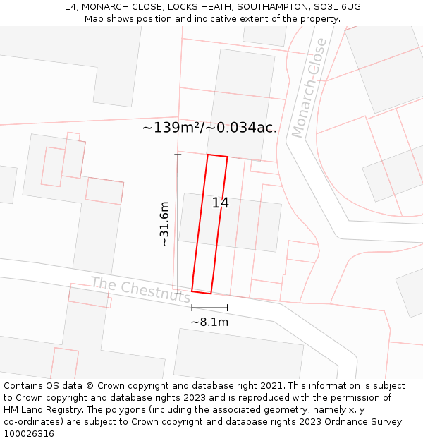 14, MONARCH CLOSE, LOCKS HEATH, SOUTHAMPTON, SO31 6UG: Plot and title map