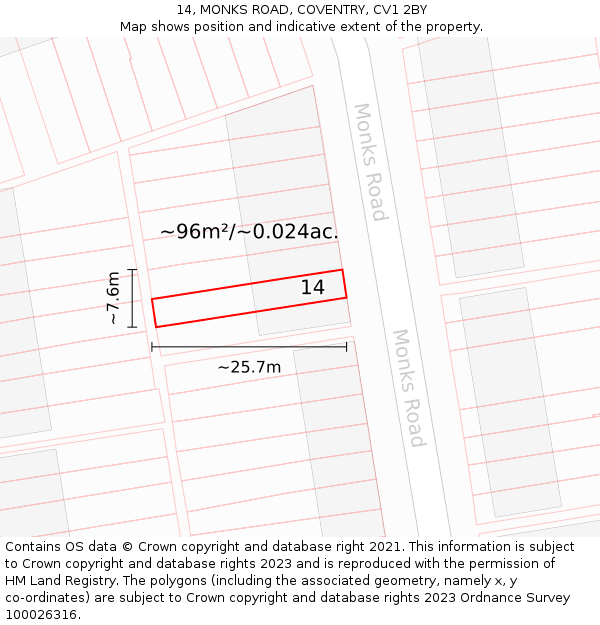 14, MONKS ROAD, COVENTRY, CV1 2BY: Plot and title map