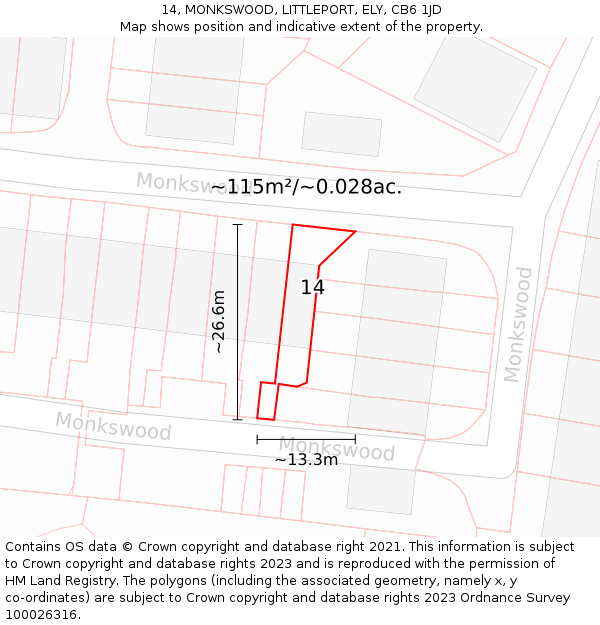 14, MONKSWOOD, LITTLEPORT, ELY, CB6 1JD: Plot and title map