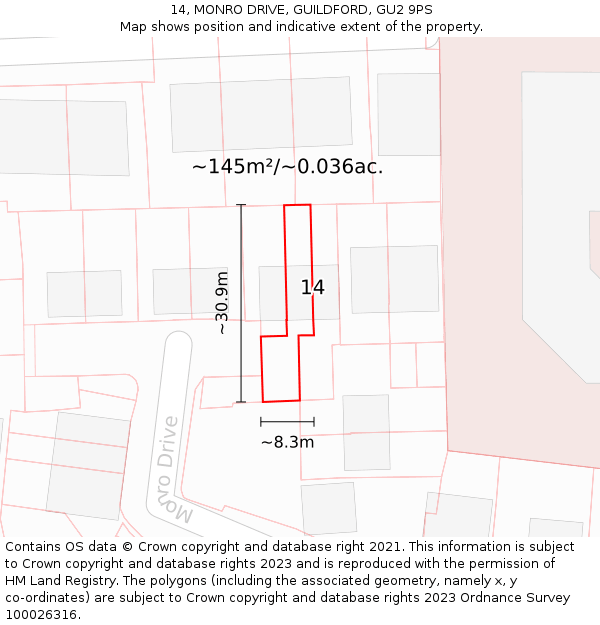 14, MONRO DRIVE, GUILDFORD, GU2 9PS: Plot and title map