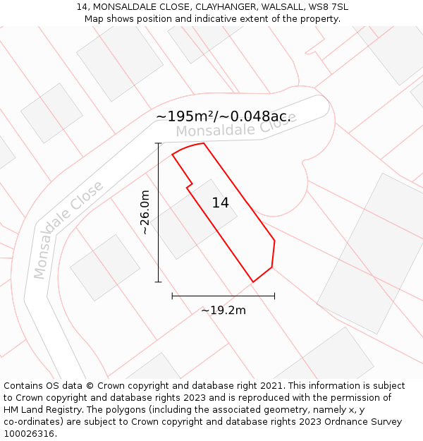 14, MONSALDALE CLOSE, CLAYHANGER, WALSALL, WS8 7SL: Plot and title map