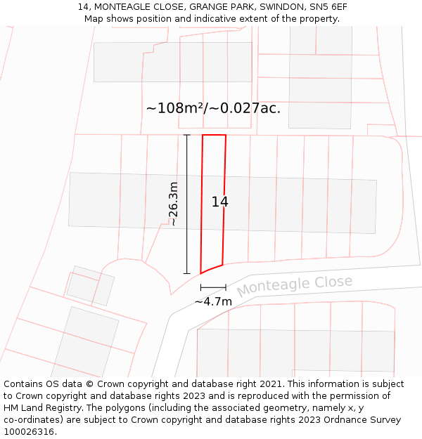 14, MONTEAGLE CLOSE, GRANGE PARK, SWINDON, SN5 6EF: Plot and title map