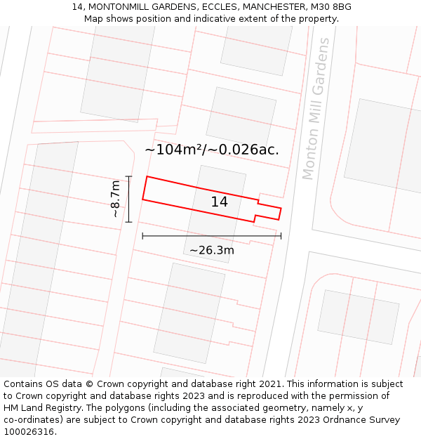 14, MONTONMILL GARDENS, ECCLES, MANCHESTER, M30 8BG: Plot and title map