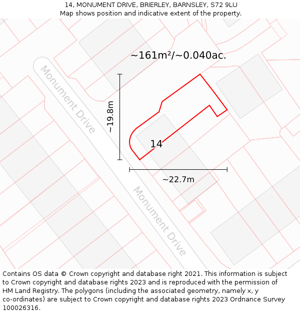 14, MONUMENT DRIVE, BRIERLEY, BARNSLEY, S72 9LU: Plot and title map