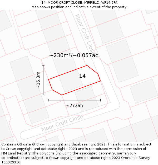 14, MOOR CROFT CLOSE, MIRFIELD, WF14 9FA: Plot and title map