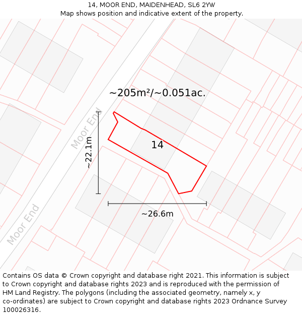 14, MOOR END, MAIDENHEAD, SL6 2YW: Plot and title map