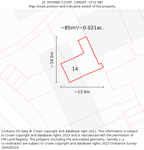 14, MOORBY COURT, CARDIFF, CF10 4BT: Plot and title map