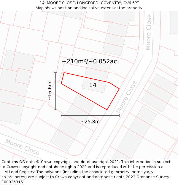 14, MOORE CLOSE, LONGFORD, COVENTRY, CV6 6PT: Plot and title map