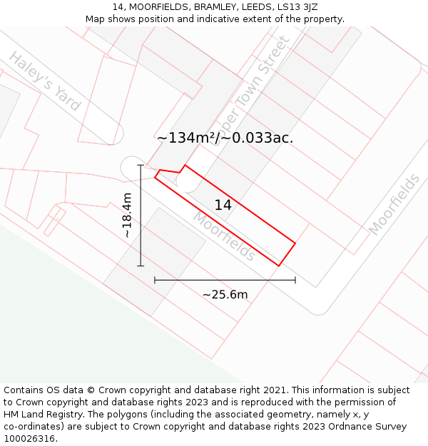 14, MOORFIELDS, BRAMLEY, LEEDS, LS13 3JZ: Plot and title map