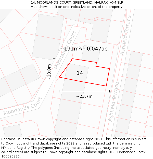 14, MOORLANDS COURT, GREETLAND, HALIFAX, HX4 8LF: Plot and title map