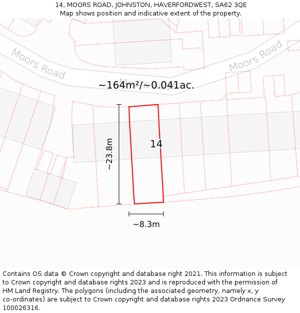 14, MOORS ROAD, JOHNSTON, HAVERFORDWEST, SA62 3QE: Plot and title map