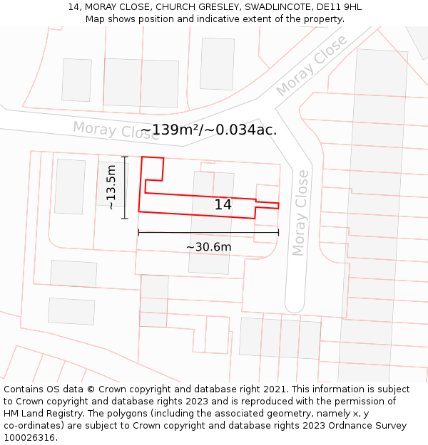 14, MORAY CLOSE, CHURCH GRESLEY, SWADLINCOTE, DE11 9HL: Plot and title map