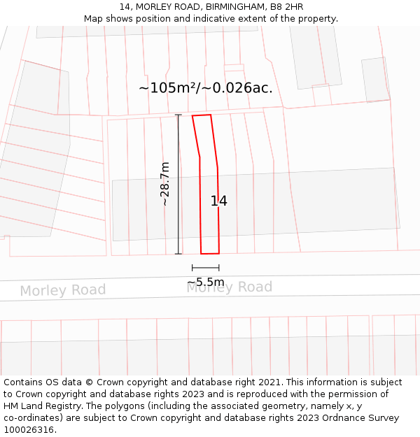 14, MORLEY ROAD, BIRMINGHAM, B8 2HR: Plot and title map