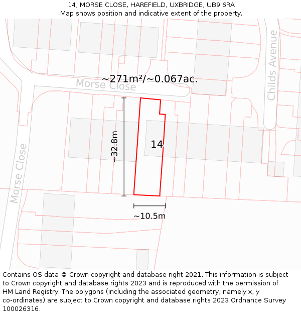 14, MORSE CLOSE, HAREFIELD, UXBRIDGE, UB9 6RA: Plot and title map