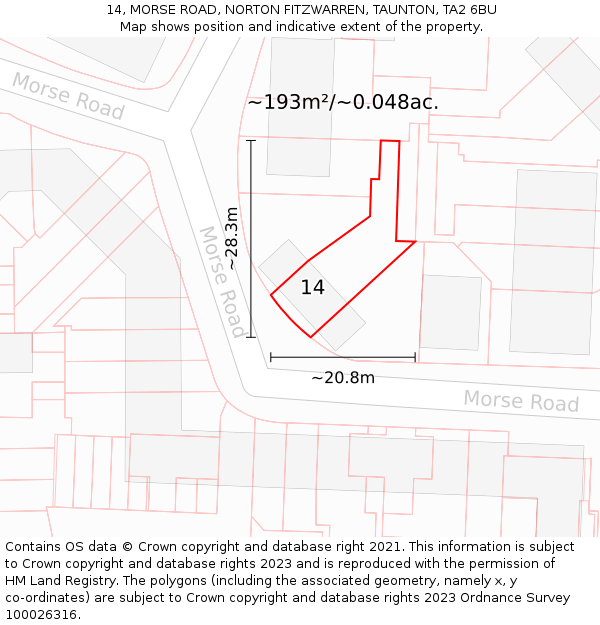 14, MORSE ROAD, NORTON FITZWARREN, TAUNTON, TA2 6BU: Plot and title map