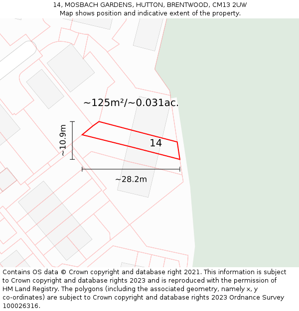 14, MOSBACH GARDENS, HUTTON, BRENTWOOD, CM13 2UW: Plot and title map