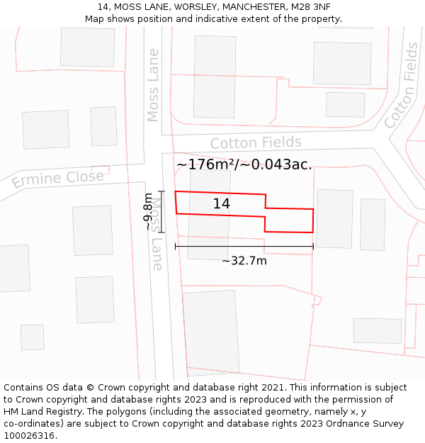 14, MOSS LANE, WORSLEY, MANCHESTER, M28 3NF: Plot and title map