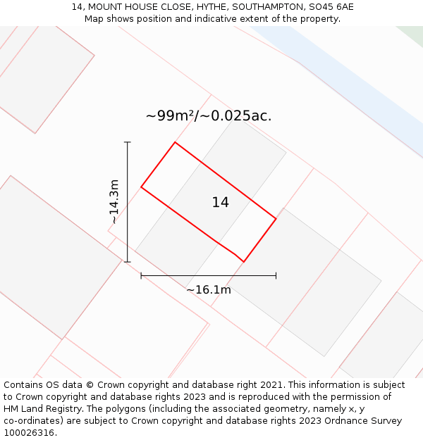 14, MOUNT HOUSE CLOSE, HYTHE, SOUTHAMPTON, SO45 6AE: Plot and title map