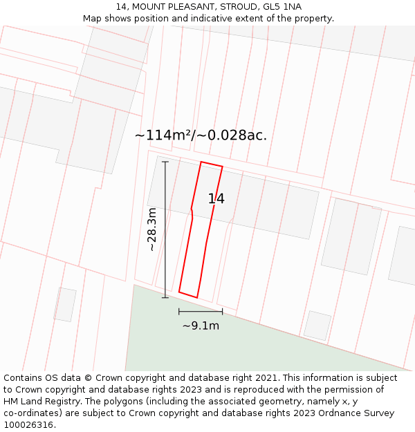 14, MOUNT PLEASANT, STROUD, GL5 1NA: Plot and title map