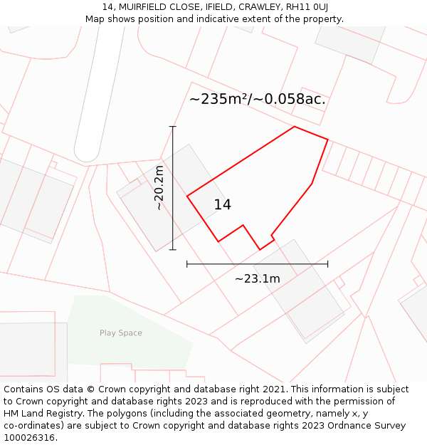 14, MUIRFIELD CLOSE, IFIELD, CRAWLEY, RH11 0UJ: Plot and title map