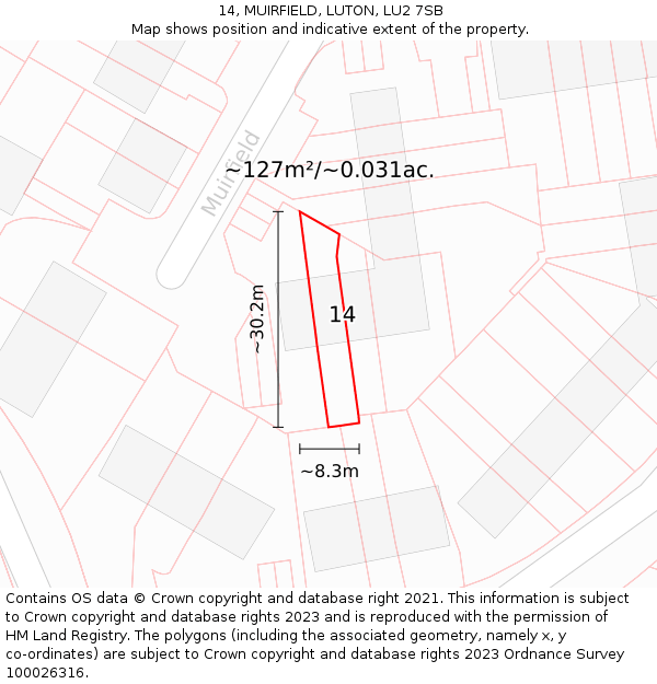 14, MUIRFIELD, LUTON, LU2 7SB: Plot and title map