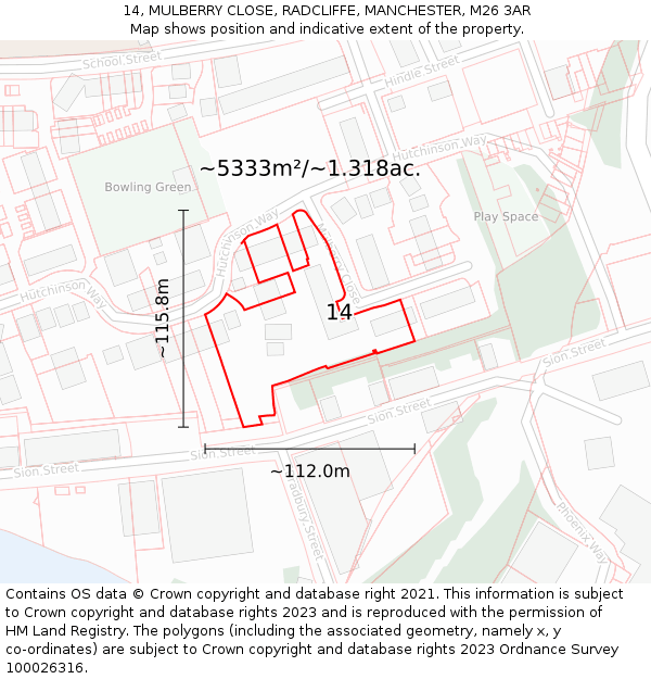 14, MULBERRY CLOSE, RADCLIFFE, MANCHESTER, M26 3AR: Plot and title map
