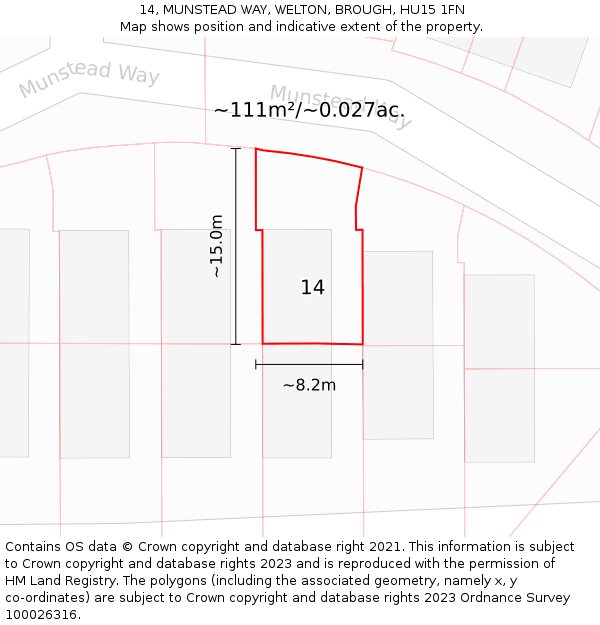 14, MUNSTEAD WAY, WELTON, BROUGH, HU15 1FN: Plot and title map