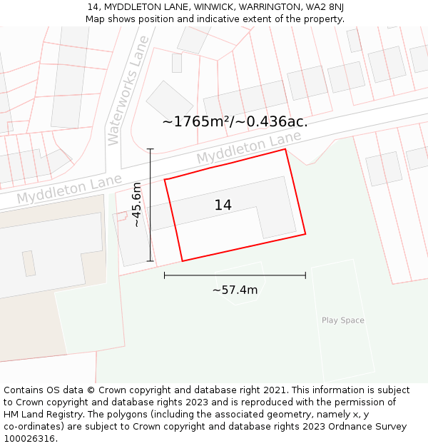 14, MYDDLETON LANE, WINWICK, WARRINGTON, WA2 8NJ: Plot and title map