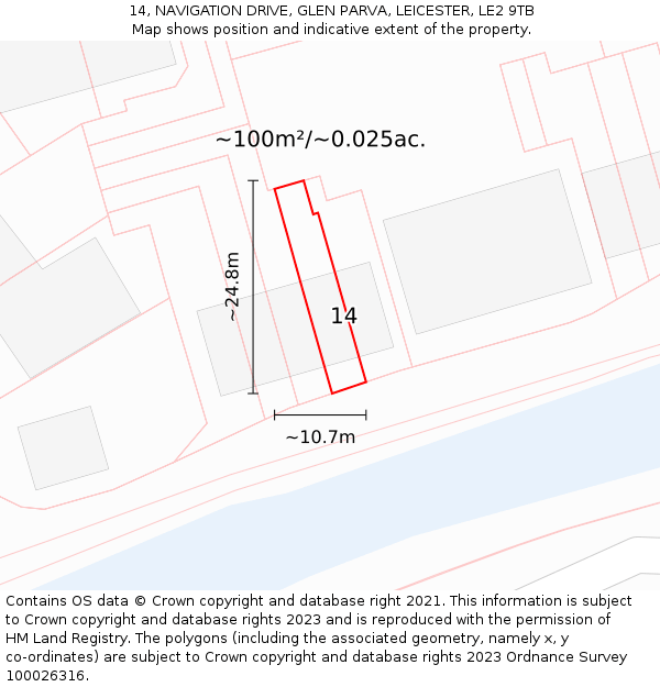 14, NAVIGATION DRIVE, GLEN PARVA, LEICESTER, LE2 9TB: Plot and title map