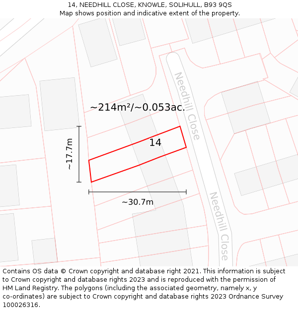 14, NEEDHILL CLOSE, KNOWLE, SOLIHULL, B93 9QS: Plot and title map