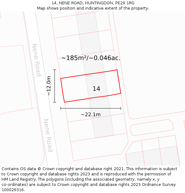 14, NENE ROAD, HUNTINGDON, PE29 1RG: Plot and title map