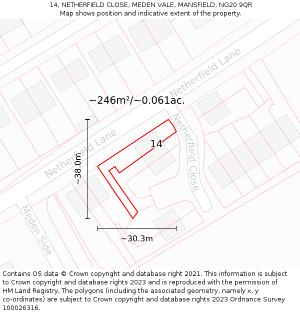 14, NETHERFIELD CLOSE, MEDEN VALE, MANSFIELD, NG20 9QR: Plot and title map