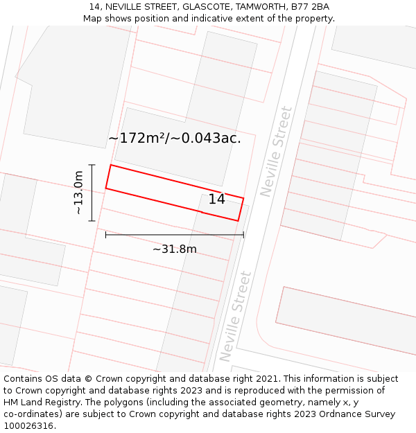 14, NEVILLE STREET, GLASCOTE, TAMWORTH, B77 2BA: Plot and title map