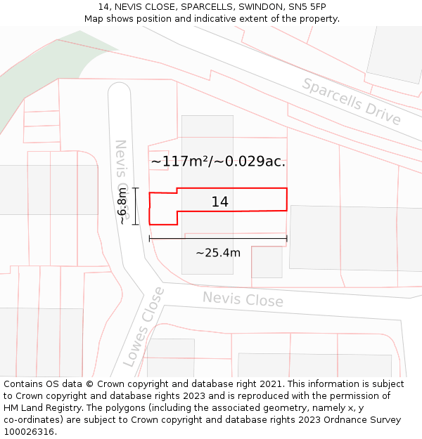 14, NEVIS CLOSE, SPARCELLS, SWINDON, SN5 5FP: Plot and title map