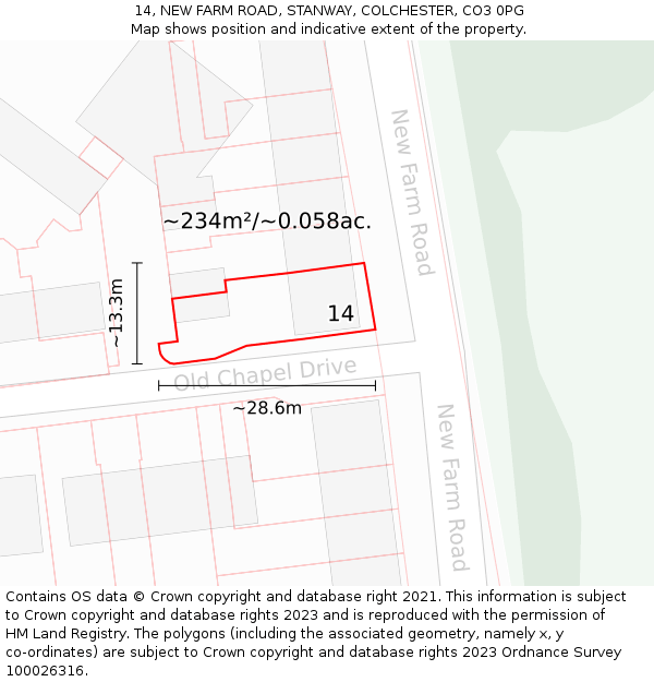 14, NEW FARM ROAD, STANWAY, COLCHESTER, CO3 0PG: Plot and title map