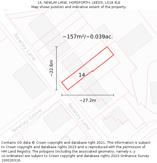 14, NEWLAY LANE, HORSFORTH, LEEDS, LS18 4LE: Plot and title map