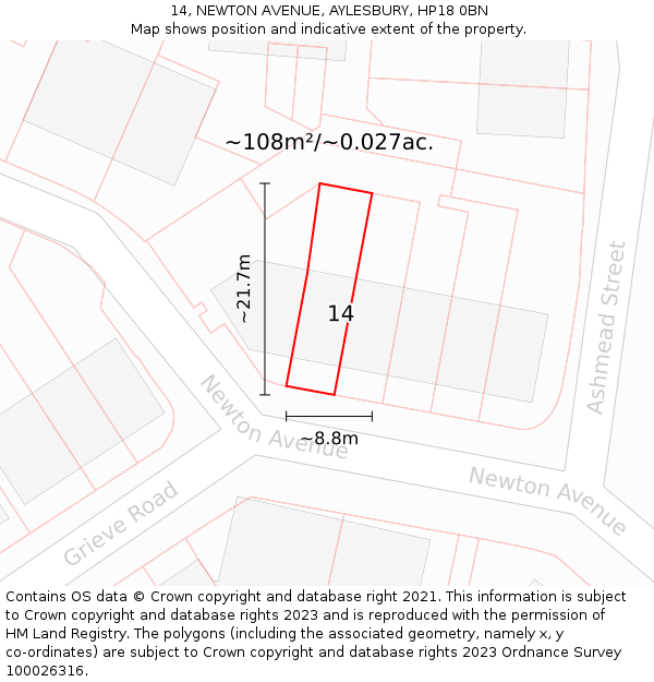 14, NEWTON AVENUE, AYLESBURY, HP18 0BN: Plot and title map