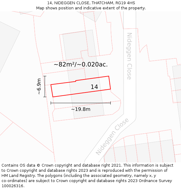 14, NIDEGGEN CLOSE, THATCHAM, RG19 4HS: Plot and title map