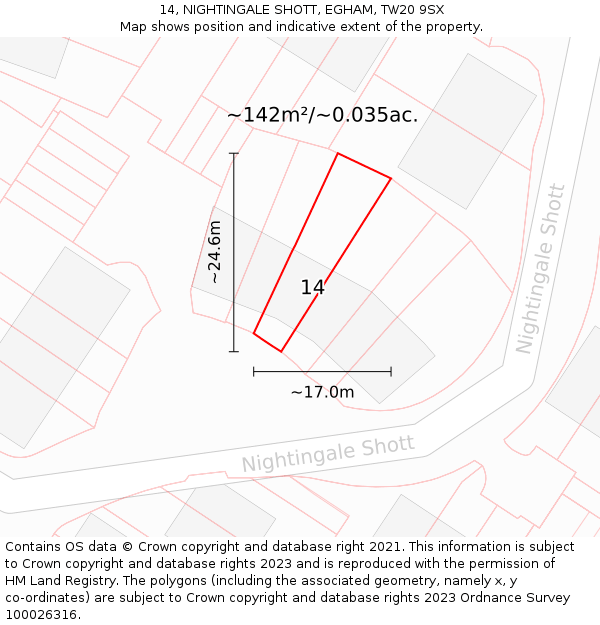 14, NIGHTINGALE SHOTT, EGHAM, TW20 9SX: Plot and title map