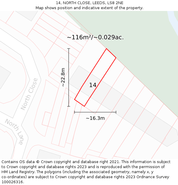 14, NORTH CLOSE, LEEDS, LS8 2NE: Plot and title map