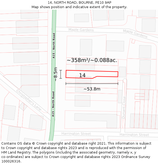 14, NORTH ROAD, BOURNE, PE10 9AP: Plot and title map