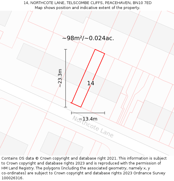 14, NORTHCOTE LANE, TELSCOMBE CLIFFS, PEACEHAVEN, BN10 7ED: Plot and title map