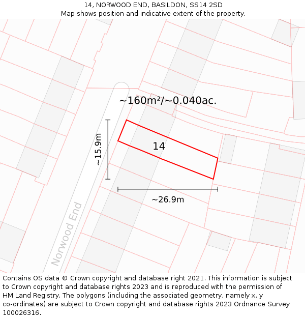 14, NORWOOD END, BASILDON, SS14 2SD: Plot and title map