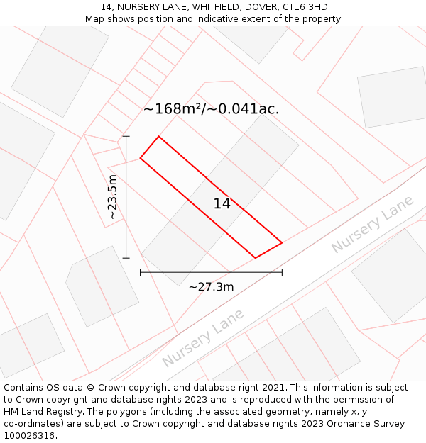 14, NURSERY LANE, WHITFIELD, DOVER, CT16 3HD: Plot and title map