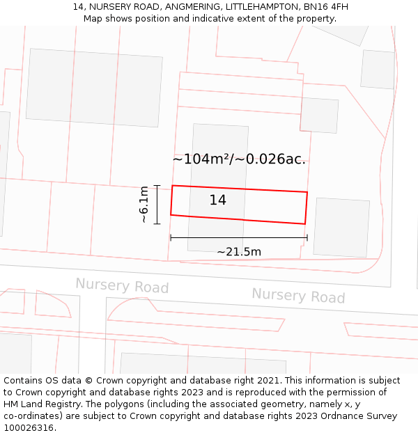14, NURSERY ROAD, ANGMERING, LITTLEHAMPTON, BN16 4FH: Plot and title map