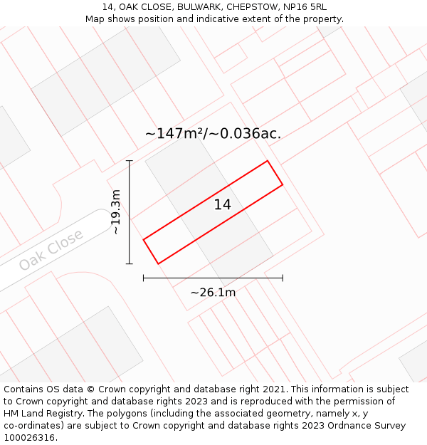 14, OAK CLOSE, BULWARK, CHEPSTOW, NP16 5RL: Plot and title map